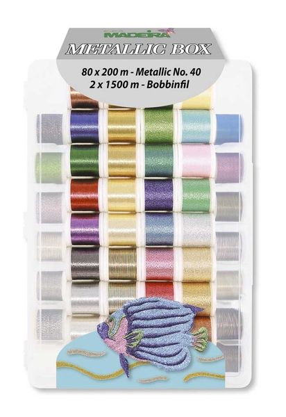 Набор ниток в пластиковом боксе Metallic №40 Madeira (80 х 200м, 2x1500м Bobbinfil, Иглы) 8080
