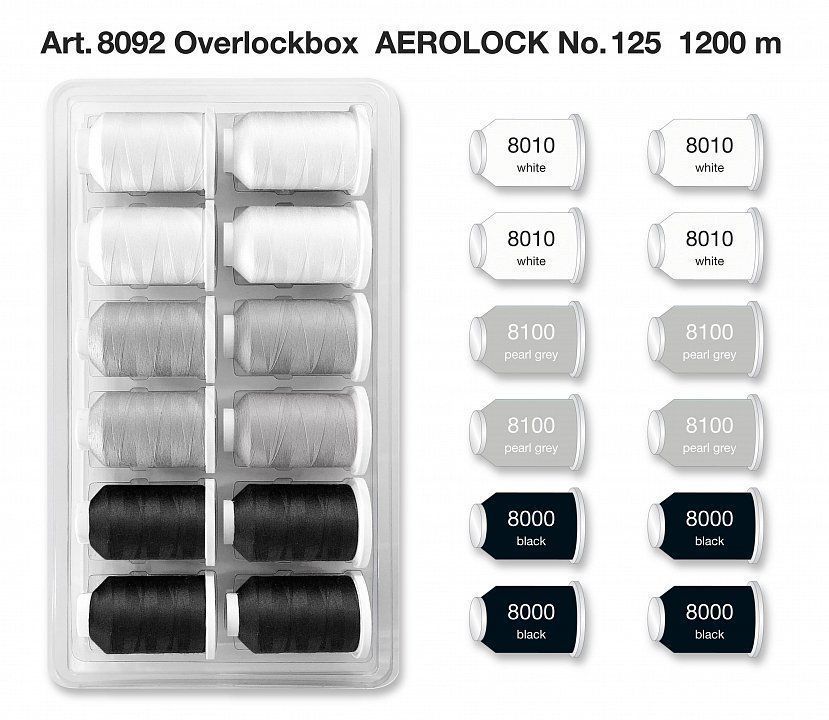 Набор ниток Aerolock №125 Blisterbox 12*1200 м "Black&White" Miniking, 3 цвета Madeira 8092
