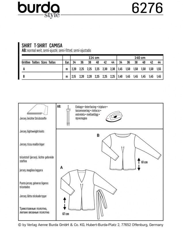 Выкройка Женская (блузы-топы-туники) Burda 6276
