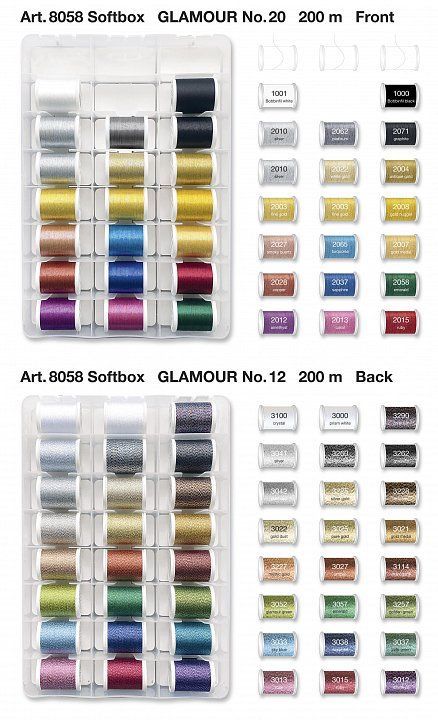 Набор ниток Softbox Glamour №20+12 18*Glamour #20, 24*Glamour #12, 2*Bobbinfil Madeira 8058
