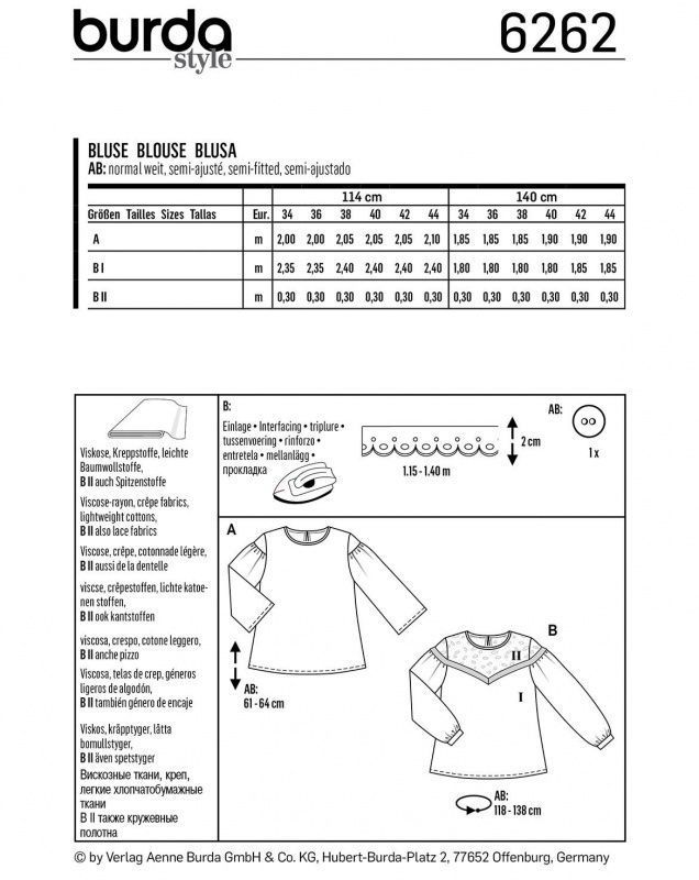 Выкройка Женская (блузы-топы-туники) Burda 6262