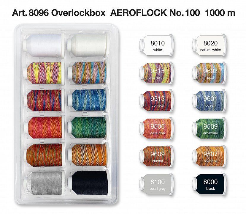 Набор ниток Aeroflock №100 Blisterbox 12*1000 м Miniking, 8 Мультиколор+4 однотона Madeira 8096