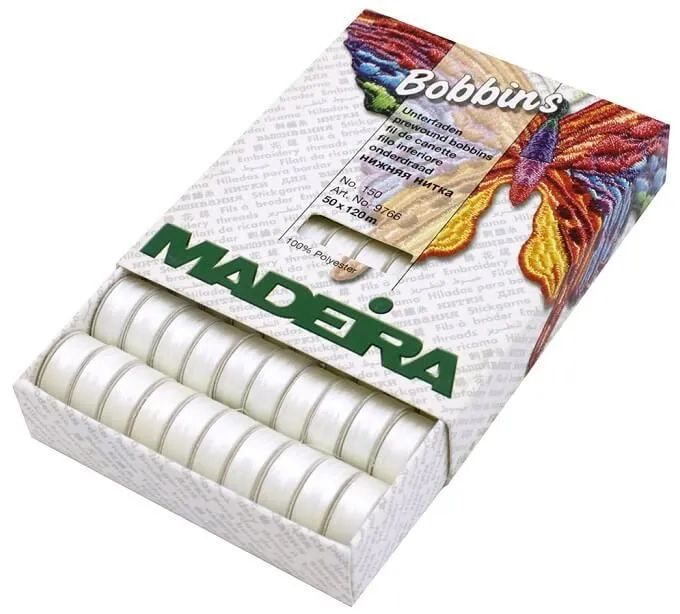 Нижняя нить Madeira Bobbins № 150, 120м x 50 шт, белая.