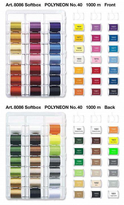 Набор ниток Polyneon 70*400m Polyneon #40, 40*1000m , 2*1000m Bobbinfil #60 Madeira 8086
