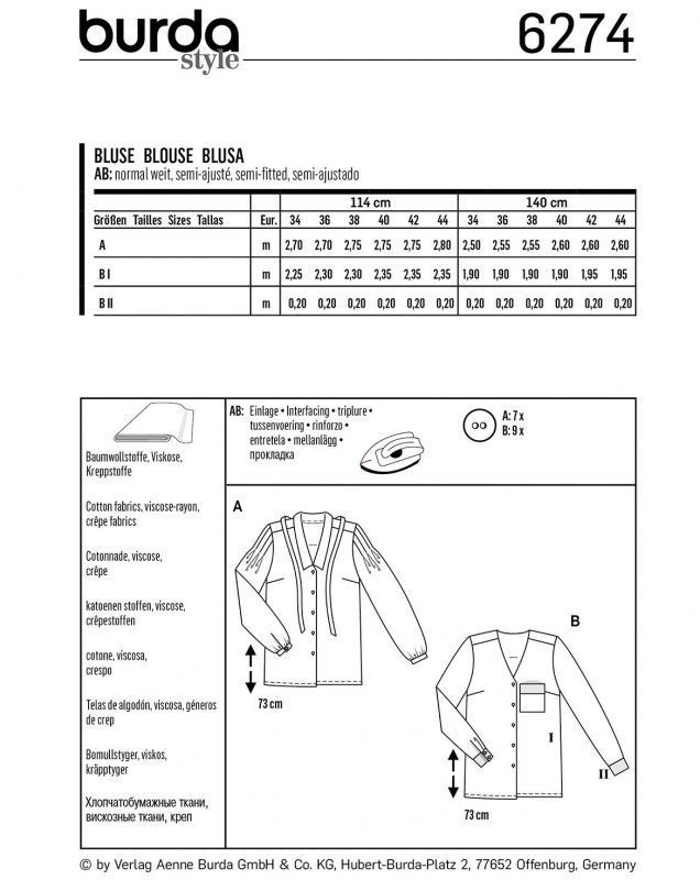 Выкройка Женская (блузы-топы-туники) Burda 6274