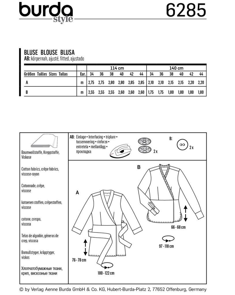 Выкройка Женская (блузы-топы-туники) Burda 6285