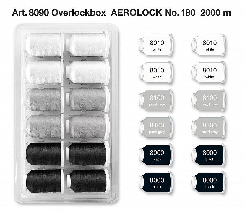 Набор ниток Aerolock №180 Blisterbox 12*2000 м "Black&White" Miniking, 3 цвета Madeira 8090