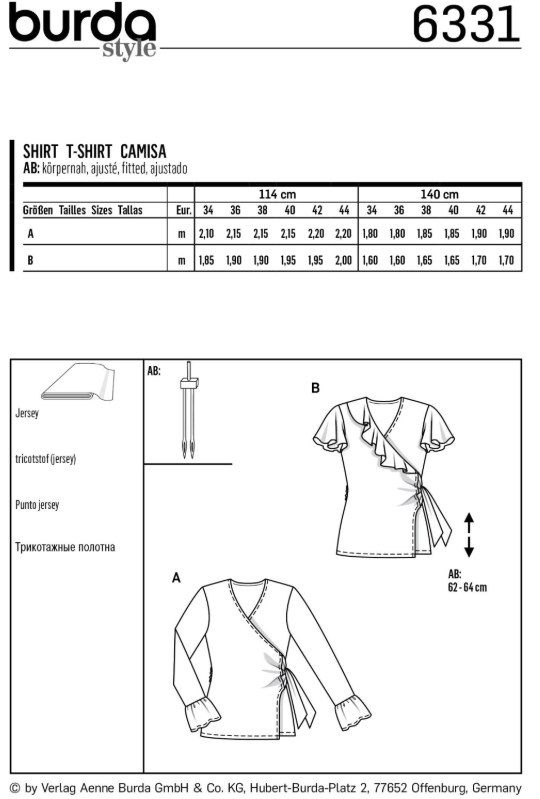 Выкройка Burda 6331 - рубашка с длинным рукавом, рубашка с оборками 
