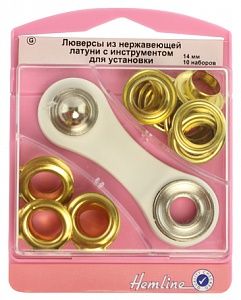 Люверсы с инструментом для установки 14 мм серии "G", золото 10 наборов Hemline 438P.14.G        