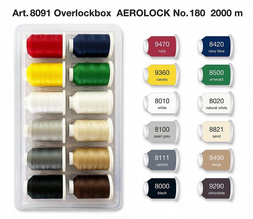 Набор ниток Aerolock №180 Blisterbox 12*2000 м Miniking, 12 цветов Madeira 8091