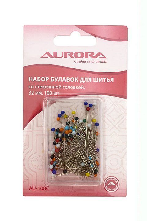 Булавки портновскисо стеклянной головкой, 32 мм, разноцветные, 100 шт Aurora AU-108C