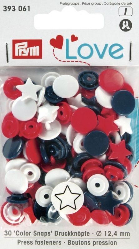 Кнопки "Color Snaps", звезда 12,4мм, пластик, белый/светло-красный/темно-синий 30шт PRYM 393061