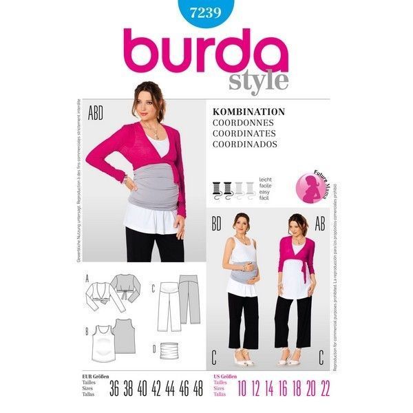 Выкройка Burda 7239-Комплект: Топ, Болеро, Брюки (для будущей мамы)
