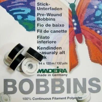 Нижняя нить Madeira Bobbins № 150, 120м x 144 шт, черная.