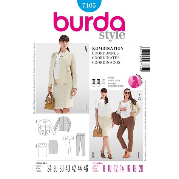 Выкройка Burda 7105-Жакет, Юбка, Брюки для будущей мамы