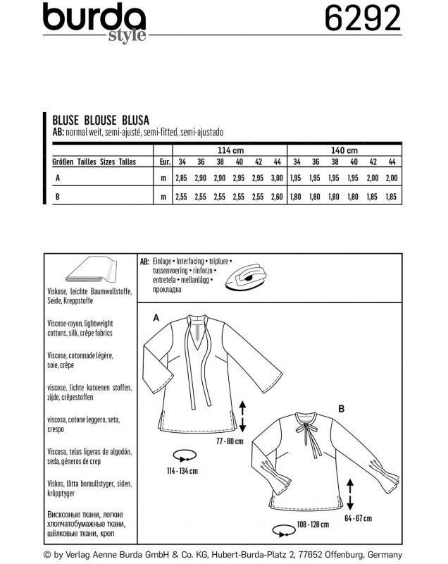 Выкройка Женская (блузы-топы-туники) Burda 6292