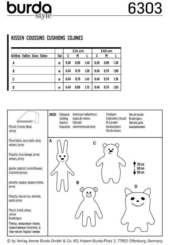 Выкройка Burda 6303, детские подушки с мотивом