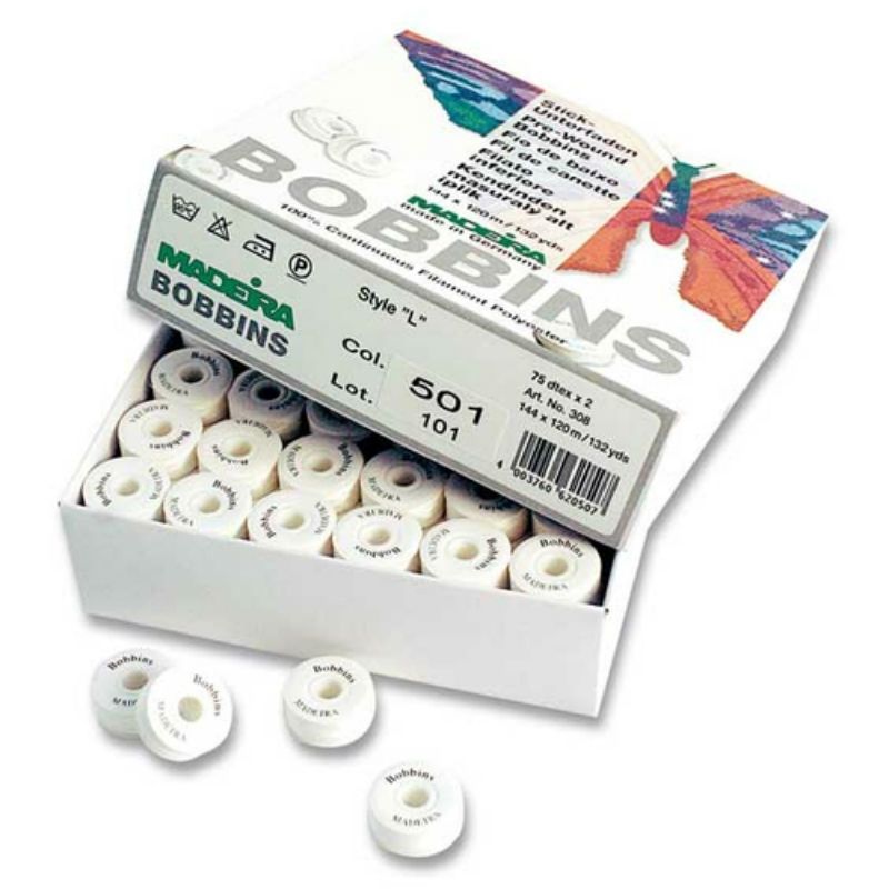 Нижняя нить Madeira Bobbins № 150, 120м x 144 шт, белая.