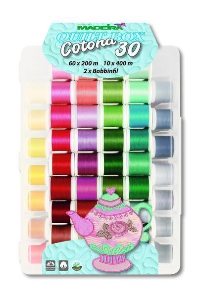 Набор ниток в пластиковом боксе Cotona 30 Madeira (60 х 200м Cotona, 10 х 400м Cotona Multicolor, 2x1500м Bobbinfil) 8054