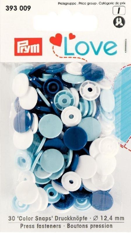 Кнопки Color Snaps, д 12,4мм, 100%полиацеталь, син,гол, бел 30шт PRYM 393009