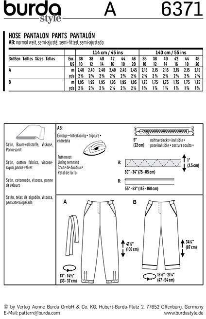 Выкройка Burda 6371 - Брюки