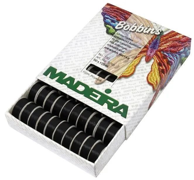 Нижняя нить Madeira Bobbins № 150, 120м x 50 шт, черная.